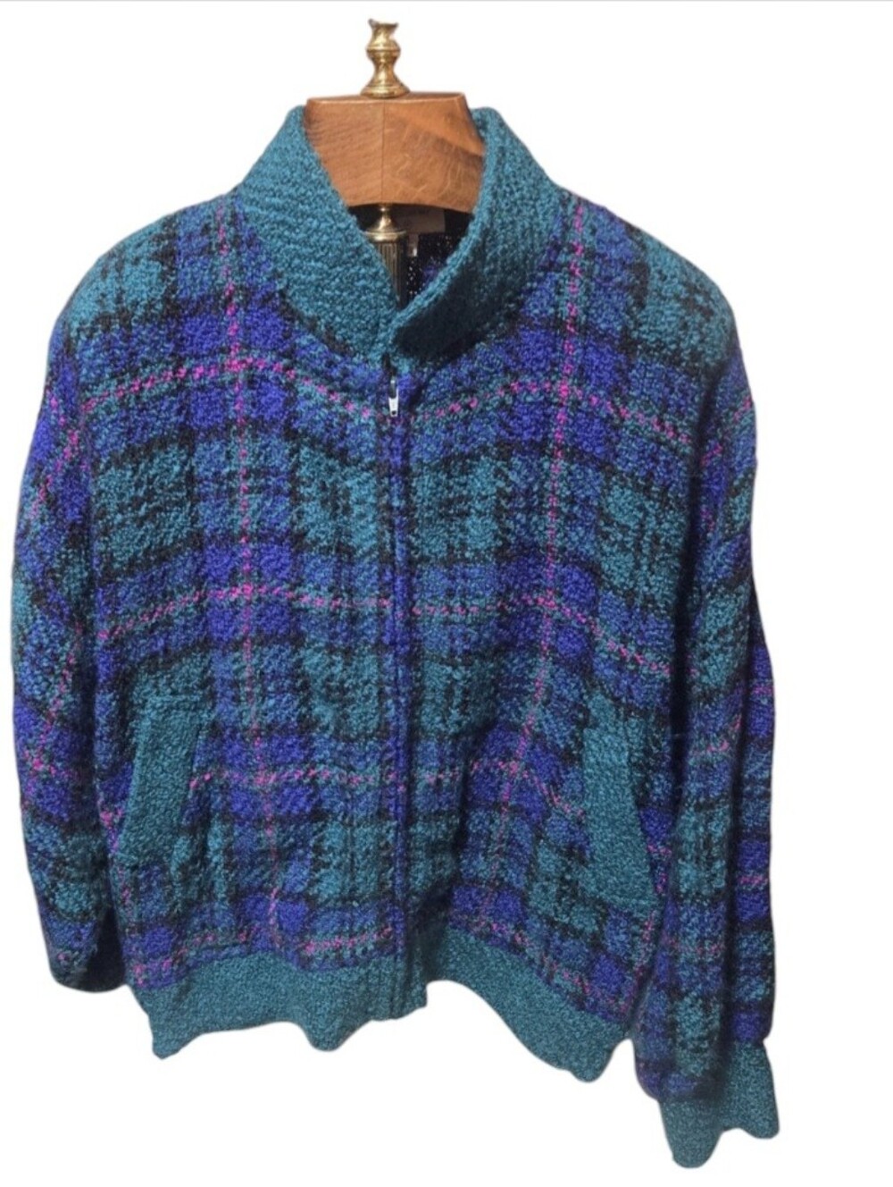 Vintage Boyne Valley Weavers Ireland Plaid Cardigan Wool Blend Pockets Chunky XL